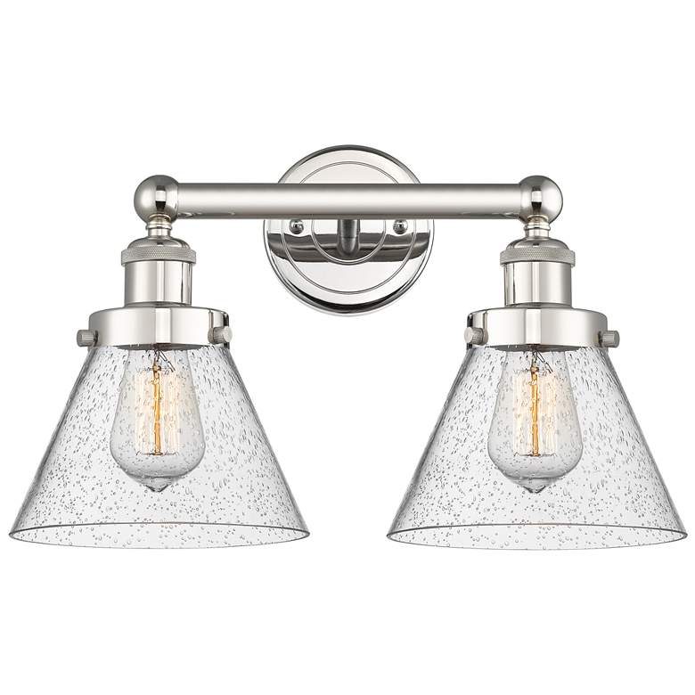 Image 1 Edison Cone 15.5"W 2 Light Polished Nickel Bath Light With Seedy Shade