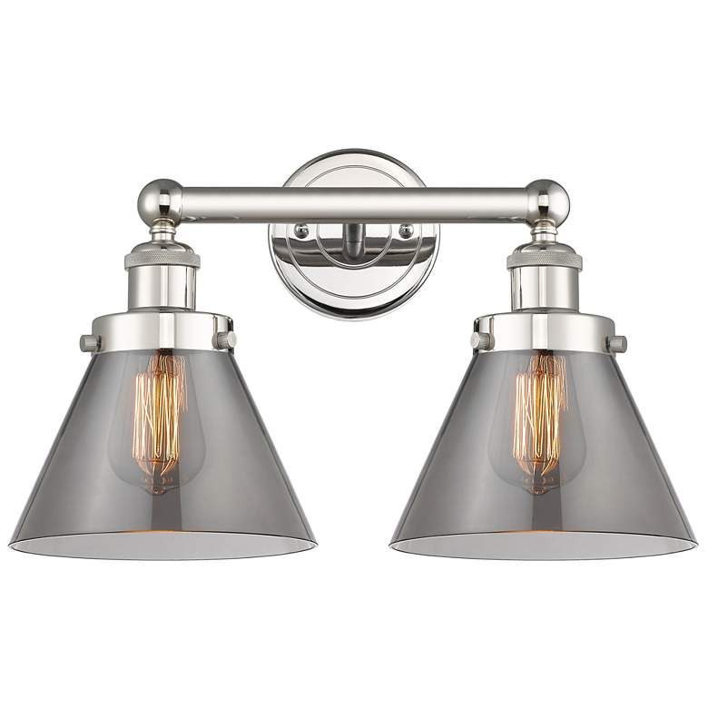 Image 1 Edison Cone 15.5"W 2 Light Polished Nickel Bath Light With Smoke Shade