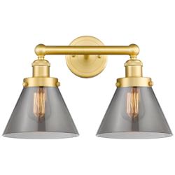Edison Cone 15.5&quot;W 2 Light Satin Gold Bath Light With Plated Smoke Sha
