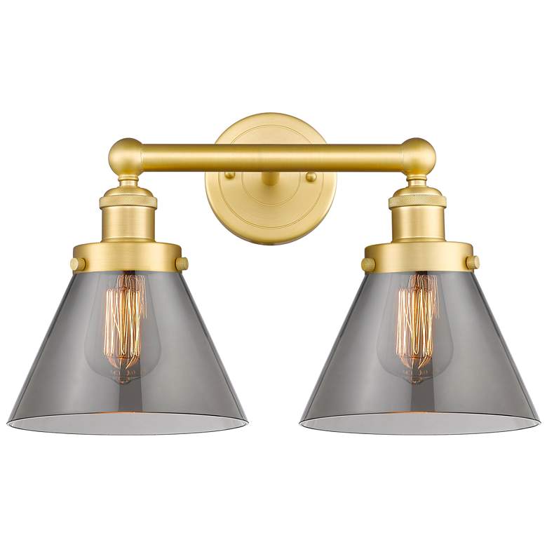 Image 1 Edison Cone 15.5 inchW 2 Light Satin Gold Bath Light With Plated Smoke Sha