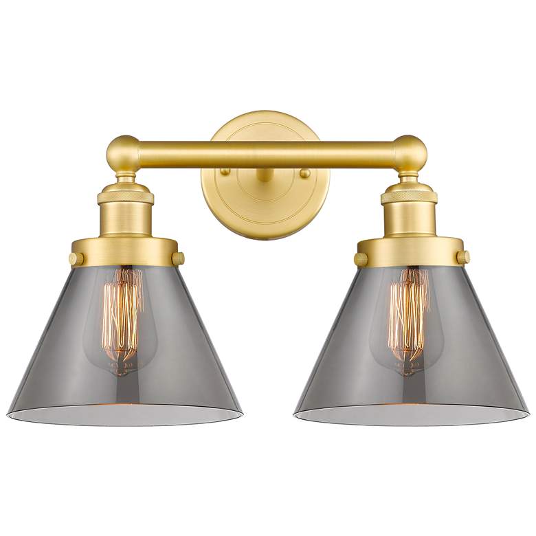 Image 1 Edison Cone 15.5"W 2 Light Satin Gold Bath Light With Plated Smoke Sha