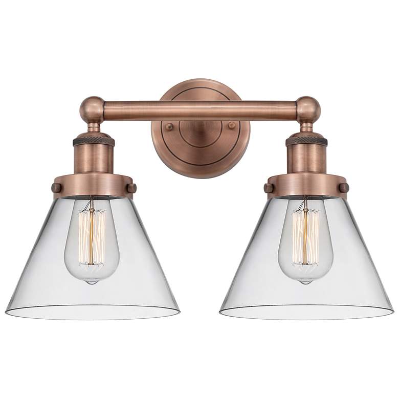 Image 1 Edison Cone 16.75"W 2 Light Antique Copper Bath Light With Clear Shade