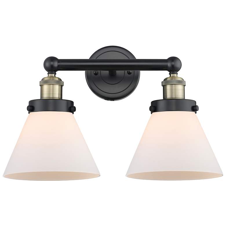 Image 1 Edison Cone 16.75"W 2 Light Black Antique Brass Bath Light With White