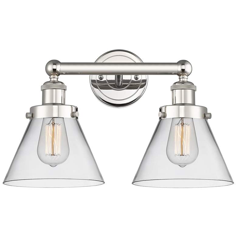 Image 1 Edison Cone 16.75"W 2 Light Polished Nickel Bath Light With Clear Shad