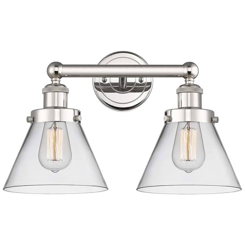 Image 1 Edison Cone 16.75 inchW 2 Light Polished Nickel Bath Light With Clear Shad