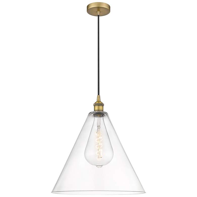 Image 1 Edison Cone 16" Brushed Brass Cord Hung Pendant w/ Clear Shade