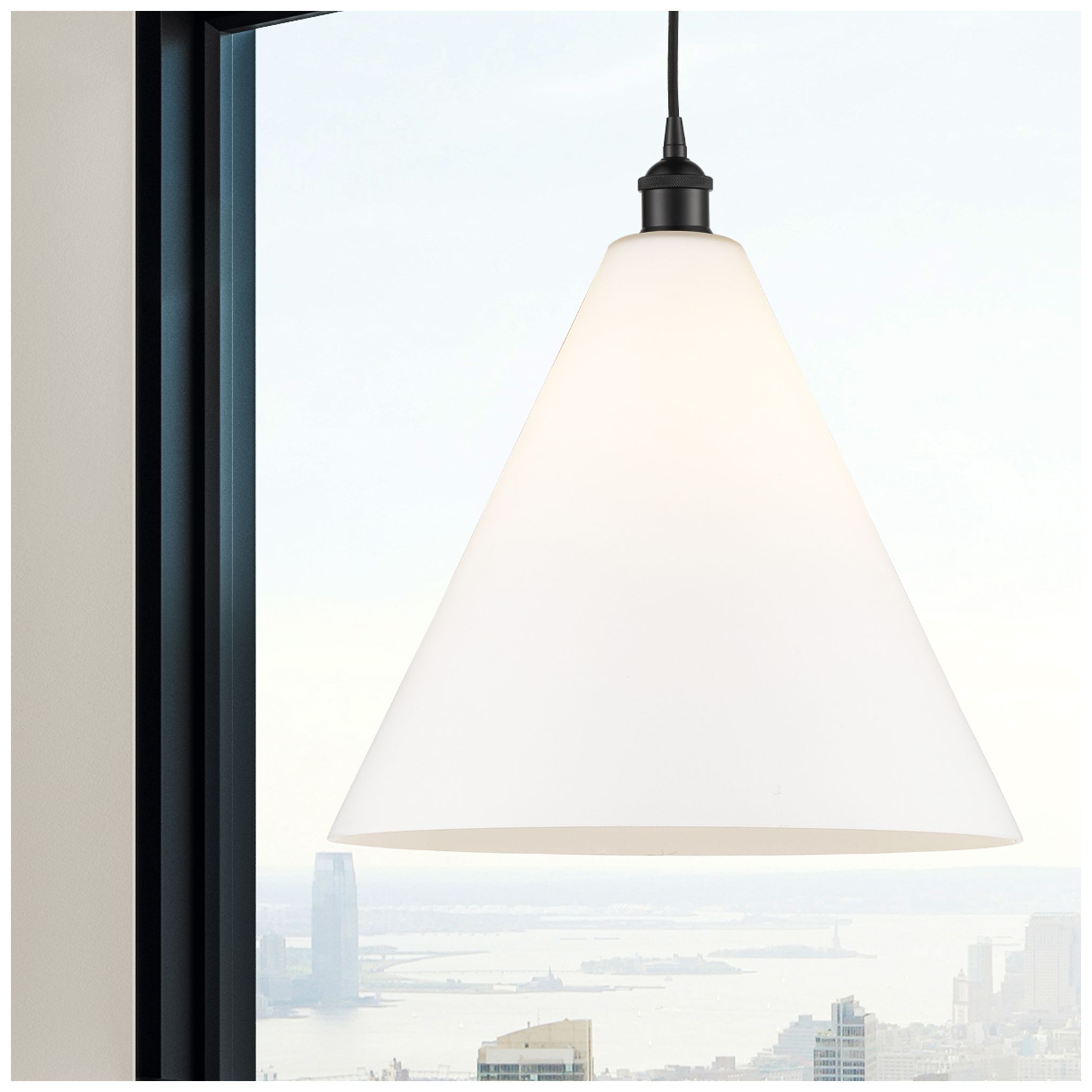 Image 2 Edison Cone 16" Matte Black Cord Hung Pendant w/ Matte White Shade more views