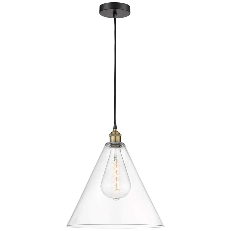 Image 1 Edison Cone 16" Wide Black Brass Corded Pendant With Clear Shade