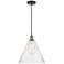 Edison Cone 16" Wide Black Brass Corded Pendant With Seedy Shade