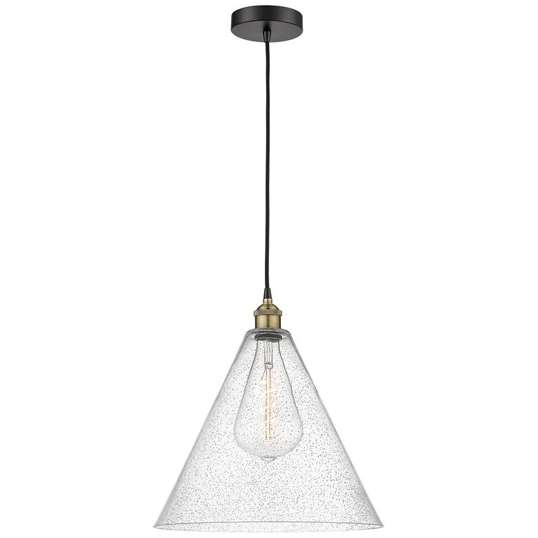 Image 1 Edison Cone 16" Wide Black Brass Corded Pendant With Seedy Shade
