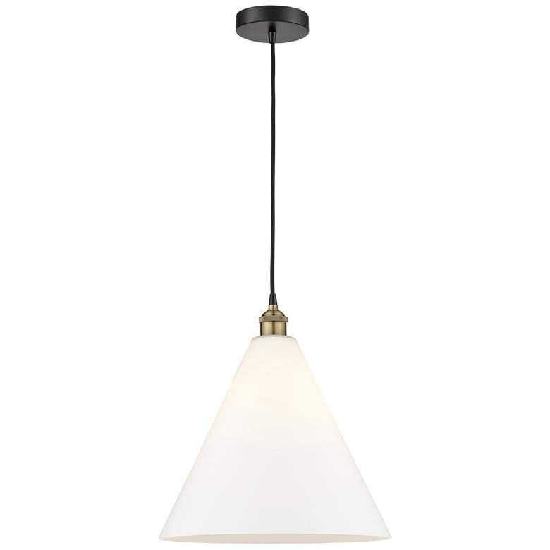 Image 1 Edison Cone 16"W Black Brass Corded Pendant w/ Matte White Shade
