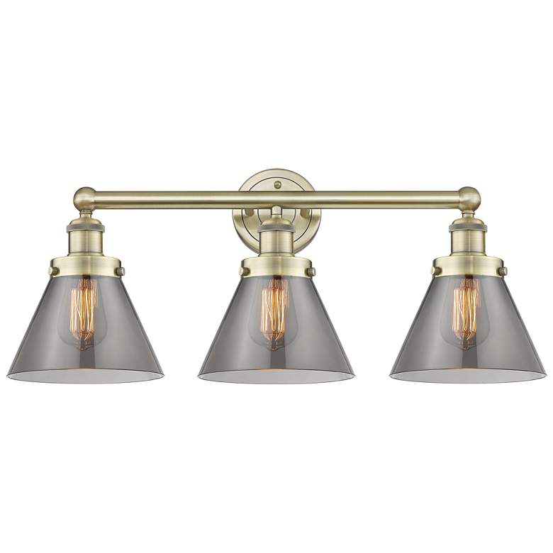 Image 1 Edison Cone 24.5"W 3 Light Antique Brass Bath Light With Plated Smoke