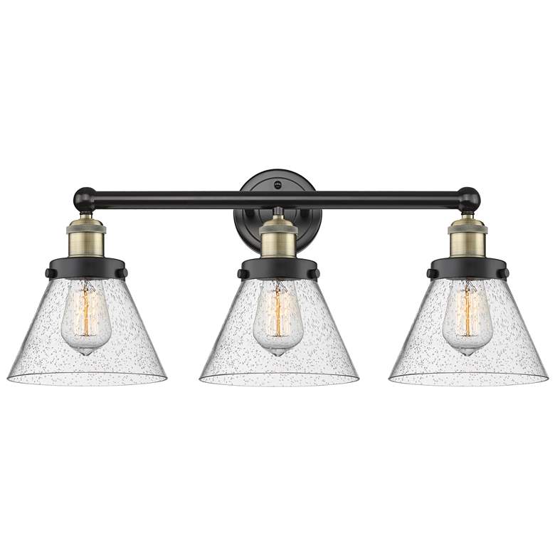 Image 1 Edison Cone 24.5"W 3 Light Black Antique Brass Bath Light With Seedy S