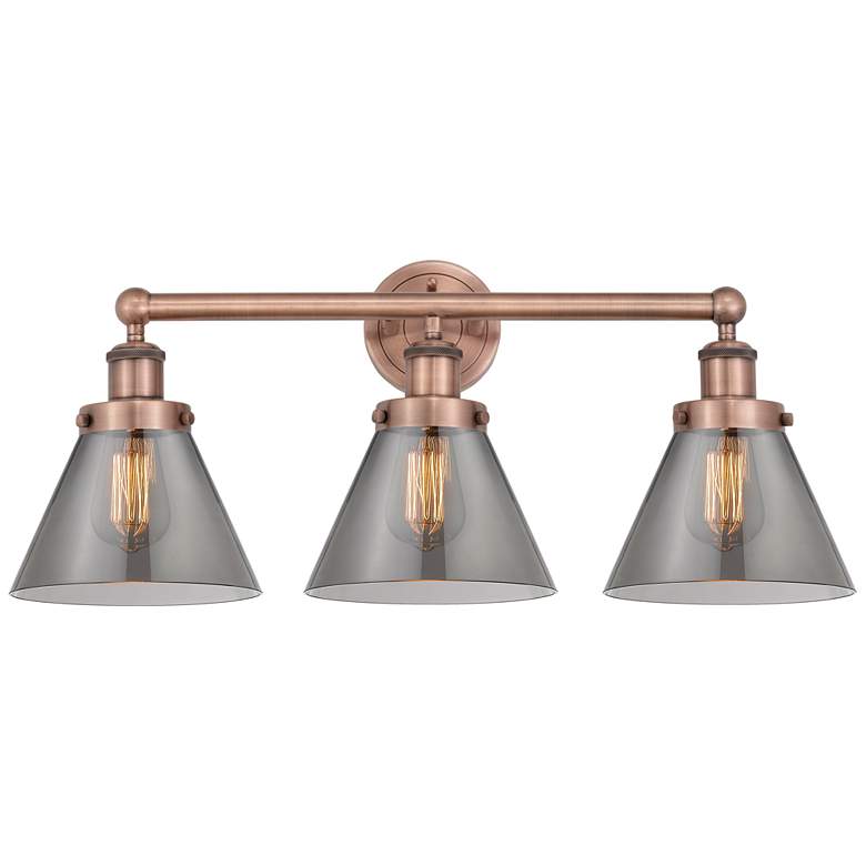 Image 1 Edison Cone 24.5"W 3 Light Copper Bath Light With Smoke Shade