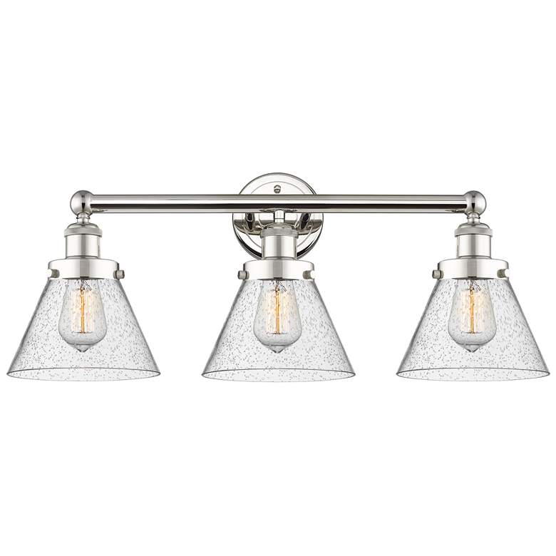 Image 1 Edison Cone 24.5"W 3 Light Polished Nickel Bath Light With Seedy Shade