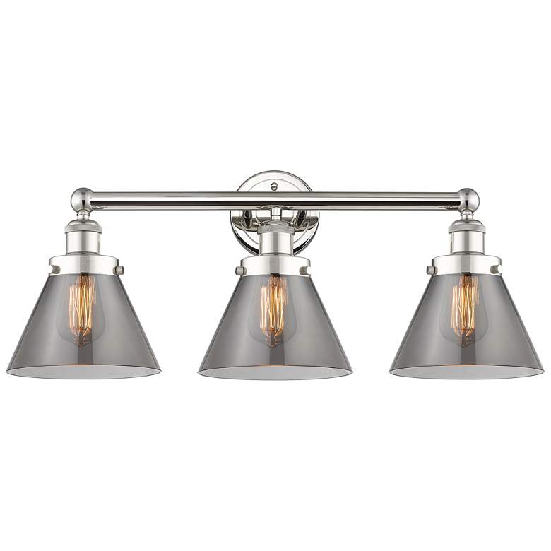 Image 1 Edison Cone 24.5"W 3 Light Polished Nickel Bath Light With Smoke Shade