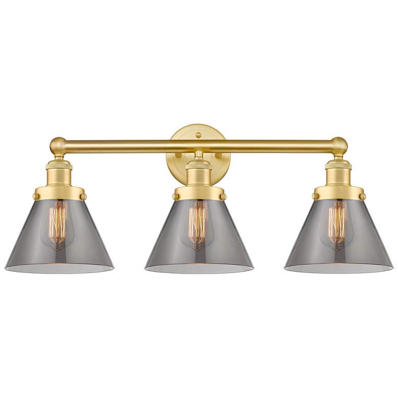 Image 1 Edison Cone 24.5"W 3 Light Satin Gold Bath Light With Plated Smoke Sha