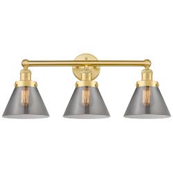 Edison Cone 24.5"W 3 Light Satin Gold Bath Light With Plated Smoke Sha