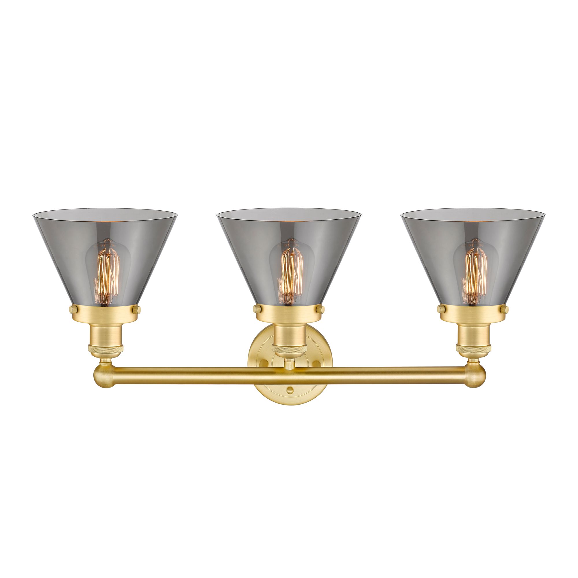 Image 2 Edison Cone 24.5"W 3 Light Satin Gold Bath Light With Plated Smoke Sha more views