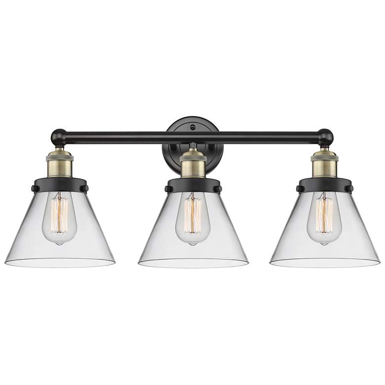 Image 1 Edison Cone 25.75"W 3 Light Black Antique Brass Bath Light With Clear