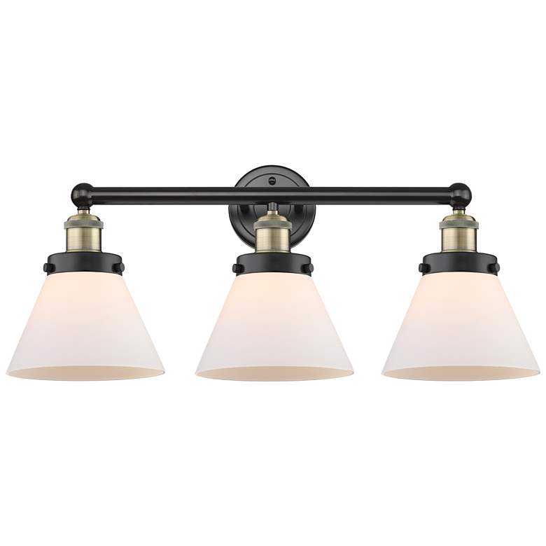 Image 1 Edison Cone 25.75"W 3 Light Black Antique Brass Bath Light With White