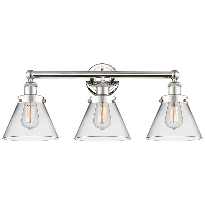 Image 1 Edison Cone 25.75"W 3 Light Polished Nickel Bath Light With Clear Shad
