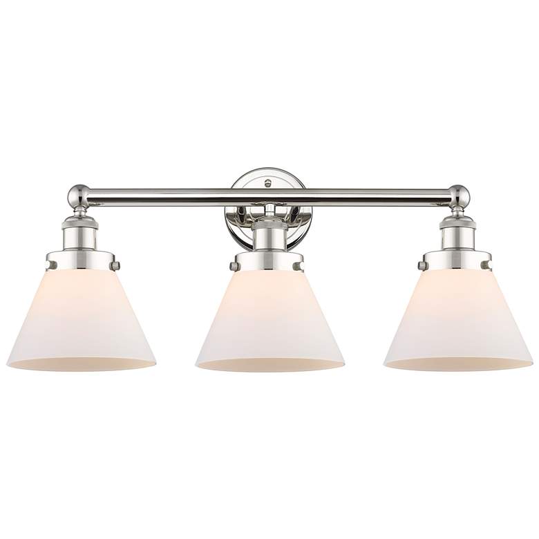 Image 1 Edison Cone 25.75"W 3 Light Polished Nickel Bath Light With White Shad