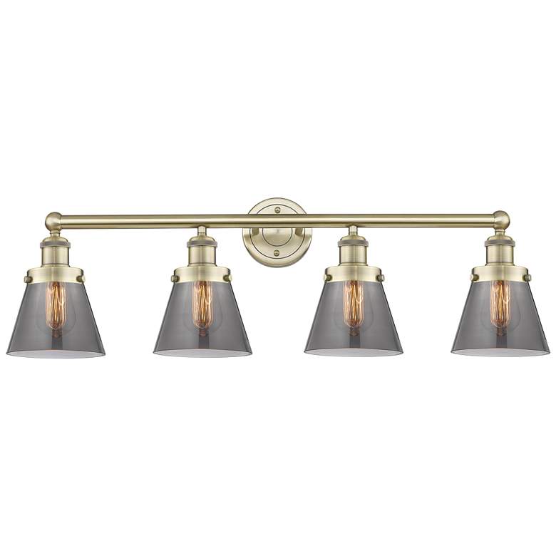Image 1 Edison Cone 33.5"W 4 Light Antique Brass Bath Light With Plated Smoke