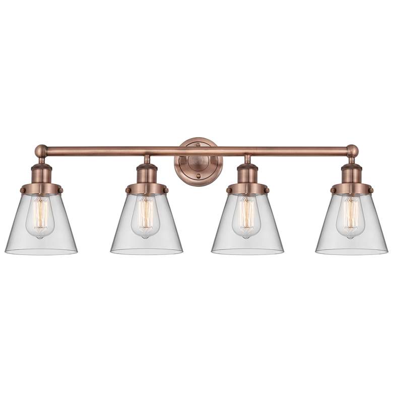 Image 1 Edison Cone 33.5"W 4 Light Antique Copper Bath Light With Clear Shade