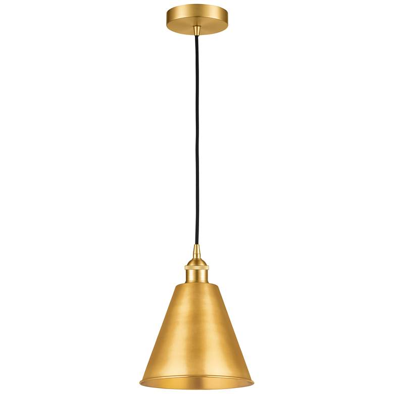 Image 1 Edison Cone 8" Wide Satin Gold Corded Mini Pendant w/ Matte Black Shad