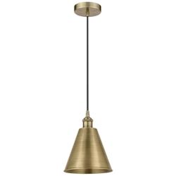 Edison Cone 8"W Antique Brass Corded Mini Pendant w/ Antique Brass Sha