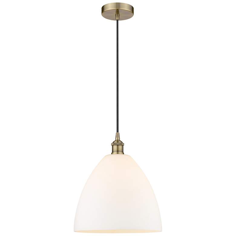 Image 1 Edison Dome 12" Antique Brass Cord Hung Mini Pendant w/ Matte White Sh