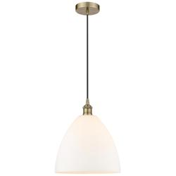 Edison Dome 12" Antique Brass Cord Hung Mini Pendant w/ Matte White Sh