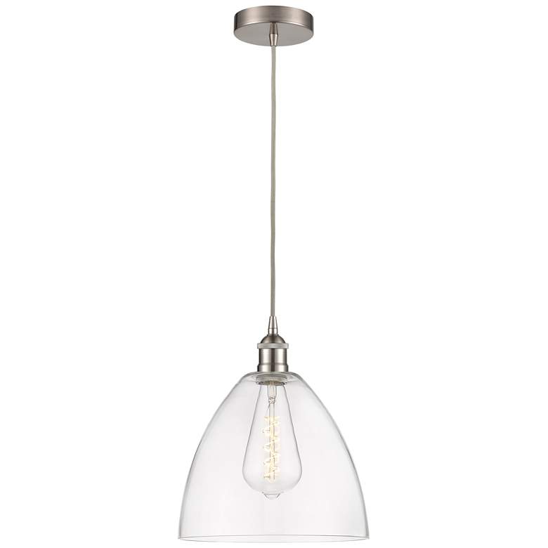 Image 1 Edison Dome 12" Brushed Satin Nickel Cord Hung Mini Pendant w/ Clear S