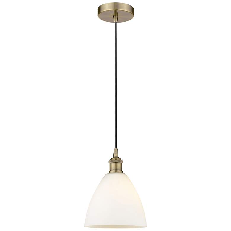 Image 1 Edison Dome 8" Antique Brass Cord Hung Mini Pendant w/ Matte White Sha