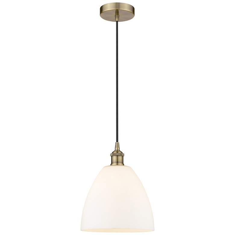 Image 1 Edison Dome 9" Antique Brass Cord Hung Mini Pendant w/ Matte White Sha
