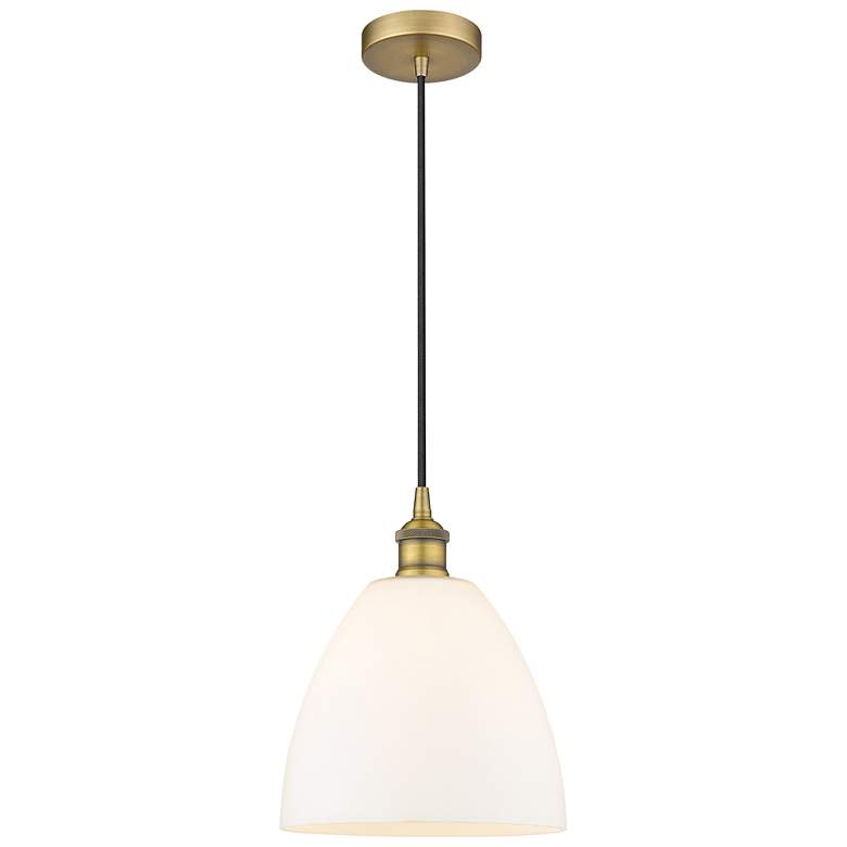 Image 1 Edison Dome 9" Brushed Brass Cord Hung Mini Pendant w/ Matte White Sha