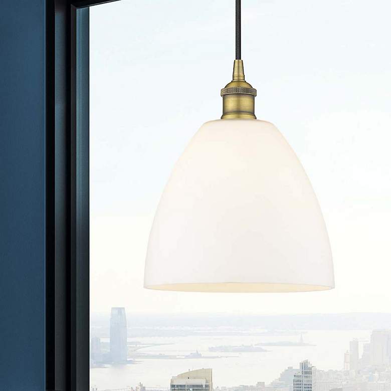 Image 2 Edison Dome 9" Brushed Brass Cord Hung Mini Pendant w/ Matte White Sha more views