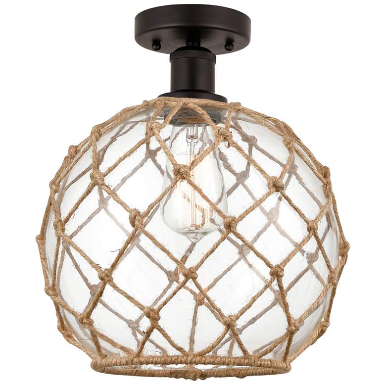 Image 1 Edison Farmhouse 10" Bronze Semi Flush w/ Clear & Brown Rope Shade