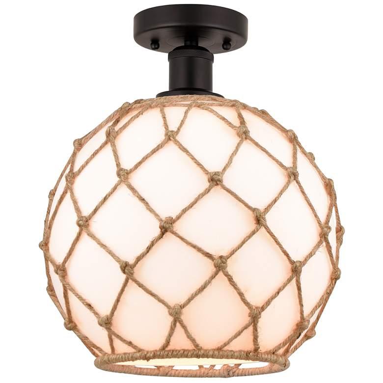 Image 1 Edison Farmhouse 10" Bronze Semi Flush w/ White & Brown Rope Shade