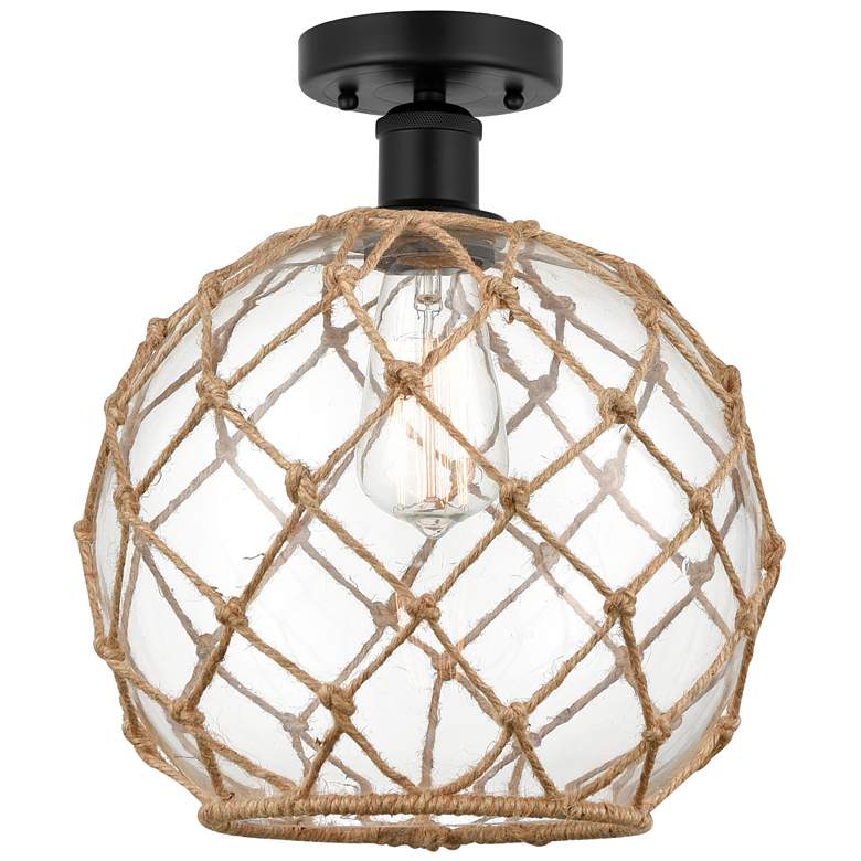 Image 1 Edison Farmhouse 10" Matte Black Semi Flush w/ Clear & Brown Rope