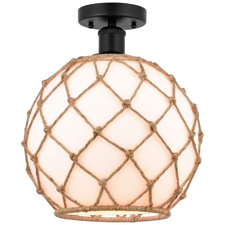 Image 1 Edison Farmhouse 10" Matte Black Semi Flush w/ White & Brown Rope