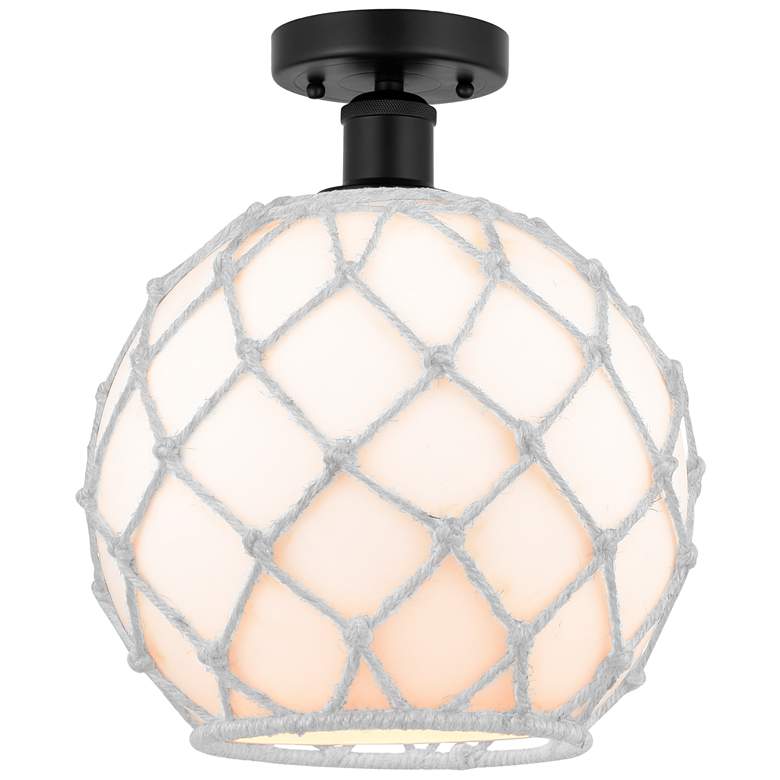 Image 1 Edison Farmhouse 10" Matte Black Semi Flush w/ White Rope Shade