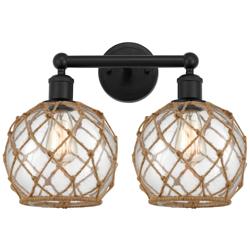 Edison Farmhouse 17"W 2 Light Black Bath Light w/ Clear Brown Shade