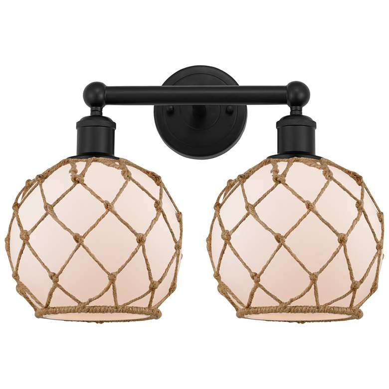 Image 1 Edison Farmhouse 17"W 2 Light Black Bath Light w/ White Brown Shade