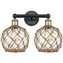 1_Edison Farmhouse 17"W 2-Lt Black Brass Bath Light w/ Clear Brown Shade