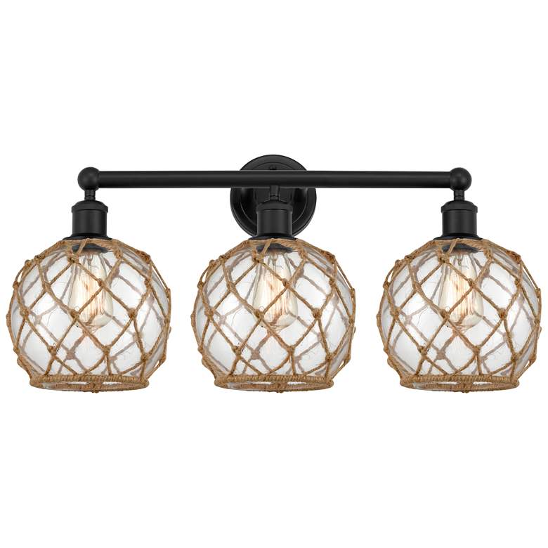 Image 1 Edison Farmhouse 26"W 3 Light Black Bath Light w/ Clear Brown Shade