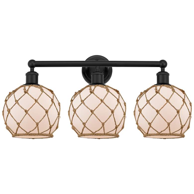 Image 1 Edison Farmhouse 26"W 3 Light Black Bath Light w/ White Brown Shade