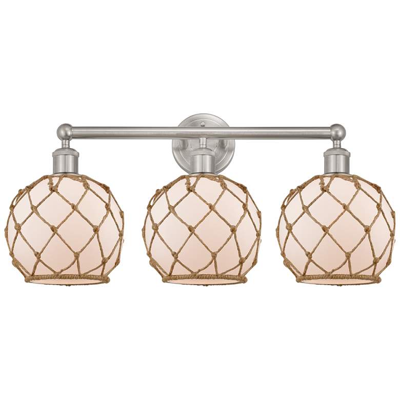 Image 1 Edison Farmhouse 26"W 3 Light Nickel Bath Light w/ White Brown Shade