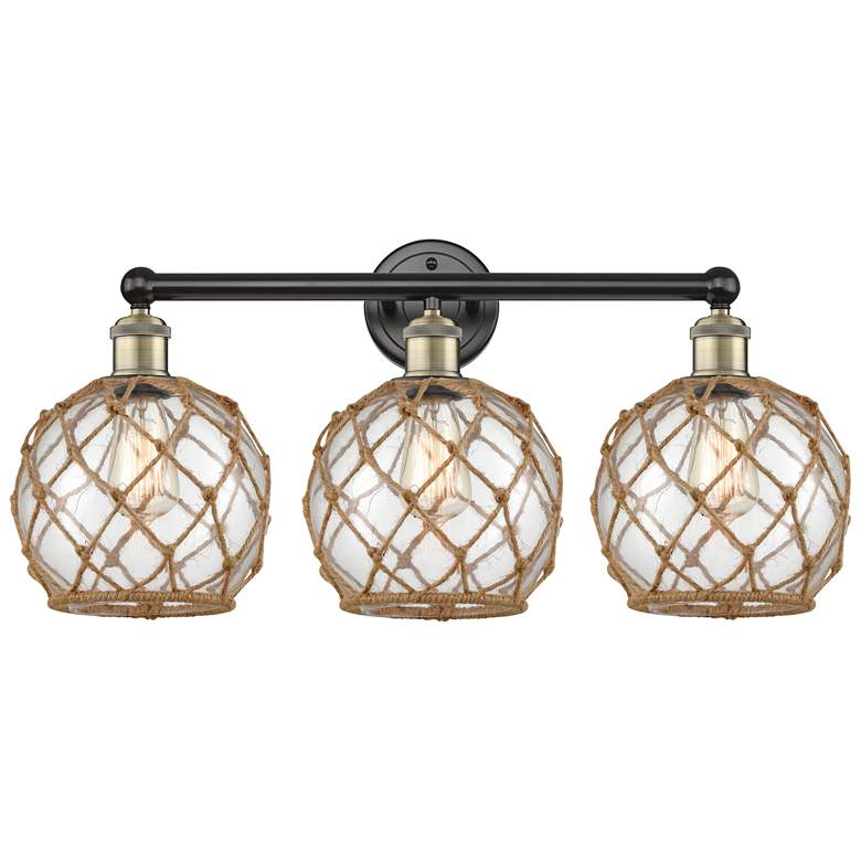 Image 1 Edison Farmhouse 26"W 3-Lt Black Brass Bath Light w/ Clear Brown Shade